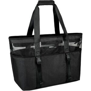 Women's Black with Front Buckles Mesh Beach Tote Waterproof Sandproof Beach Bag
